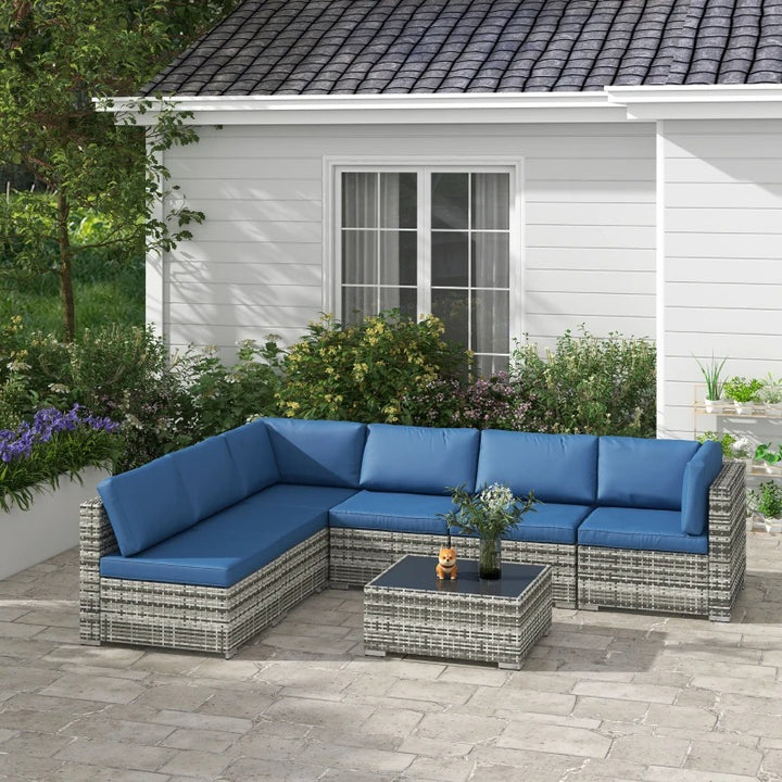 7pc PE Rattan Wicker Sectional Conversation Furniture Set w Cushions Outdoor Patio - Blue & Grey