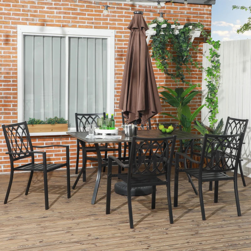 7pc Steel Woodgrain Effect Outdoor Dining Table Set, 6 Stackable Arm Chairs Garden Patio, Black