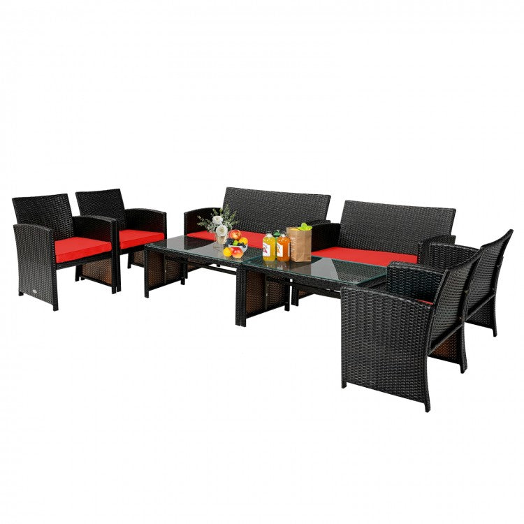 4pc Rattan Wicker Conversation Furniture Loveseat Set w Cushions for Outdoor Patio, Brown, Red