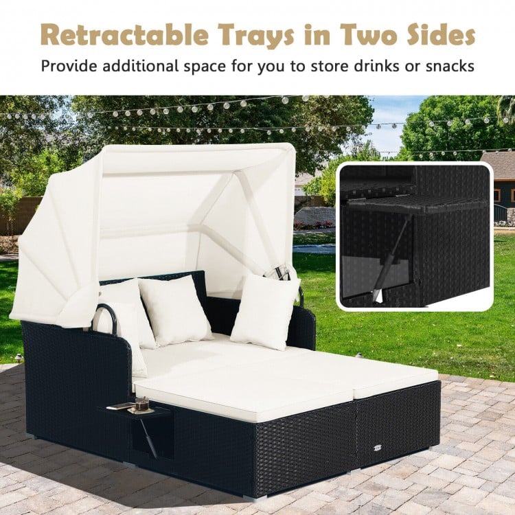 2-Person Rattan Wicker Canopy Daybed Lounge Chaise for Outdoor Patio, Cushions, Black, Cream White