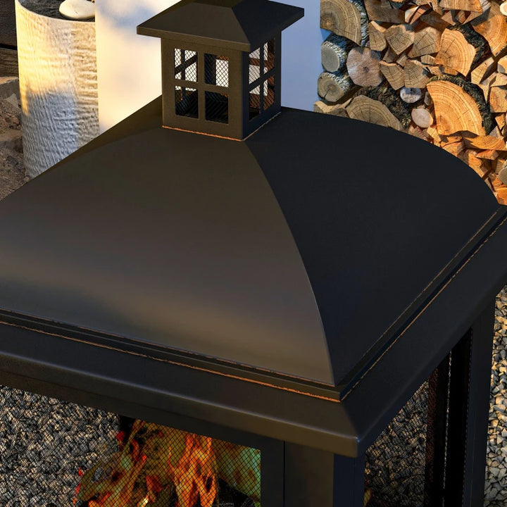 26” Square Wood Burning Fire Pit w/ Chimney Spark Guard, Cover, Ash Tray, Poker - Black