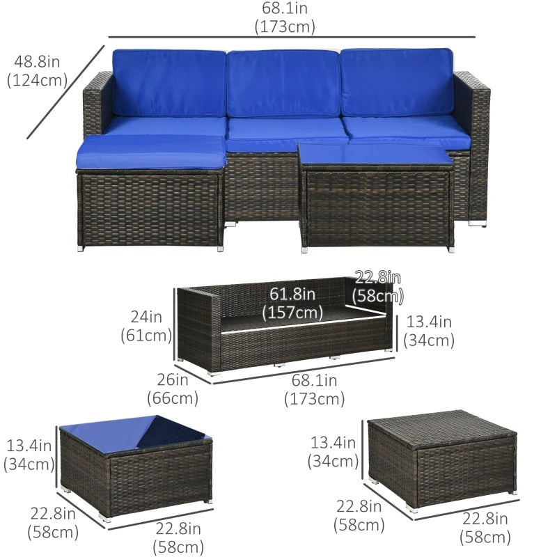 3pc Compact PE Rattan Wicker Conversation Sofa Set w/ Cushions Outdoor Patio - Brown, Blue