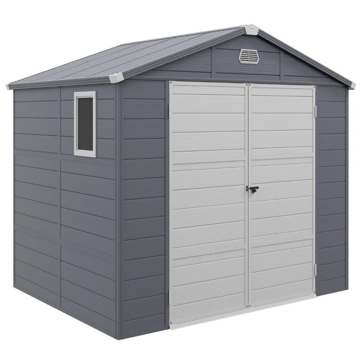 8' x 6' Resin PP Plastic Aluminum Outdoor Tool Storage Shed w Swing Doors, Patio Garden, Grey