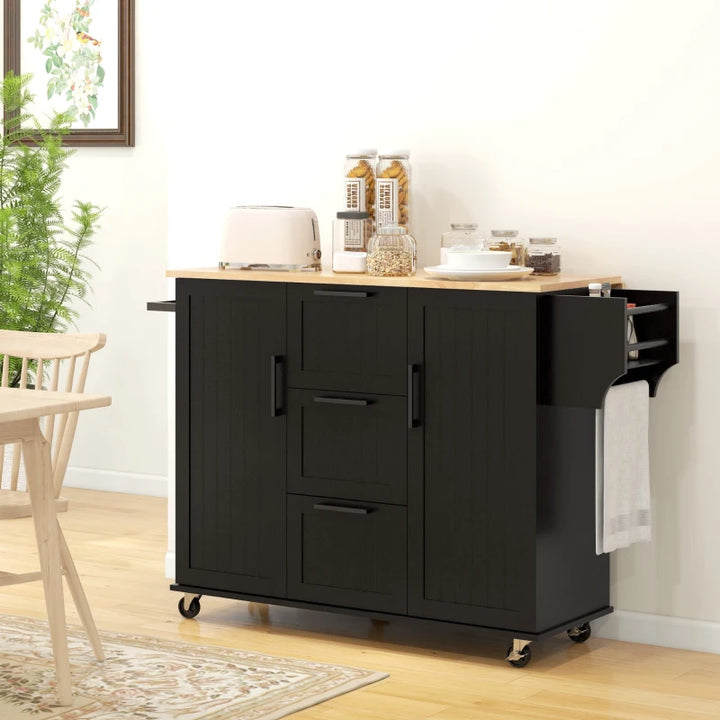 Rolling Kitchen Island Cart w Drop-leaf Dining Countertop Bar, Storage Drawers, Wood Top, Black