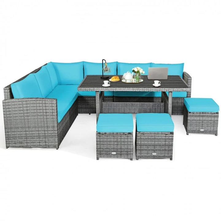 7pc L-Shape Rattan Wicker Dining Set Outdoor Patio Sectional w Table Cushions Ottomans, Turquoise