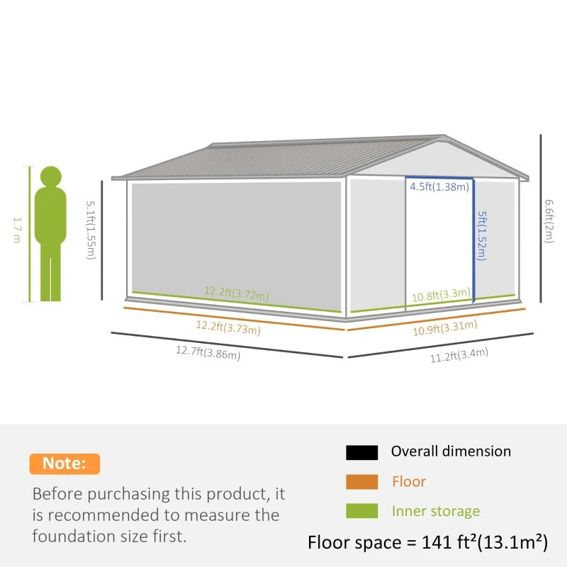 11.2 x 12.7 x 6.6’ Large Galv Steel Outdoor Storage Tool Work Shed for Garden Backyard, Lt Grey