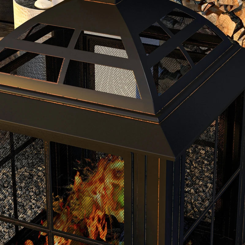 28” Square Wood Burning Fire Pit w/ Chimney Spark Guard, Cover, Ash Tray, Poker - Black