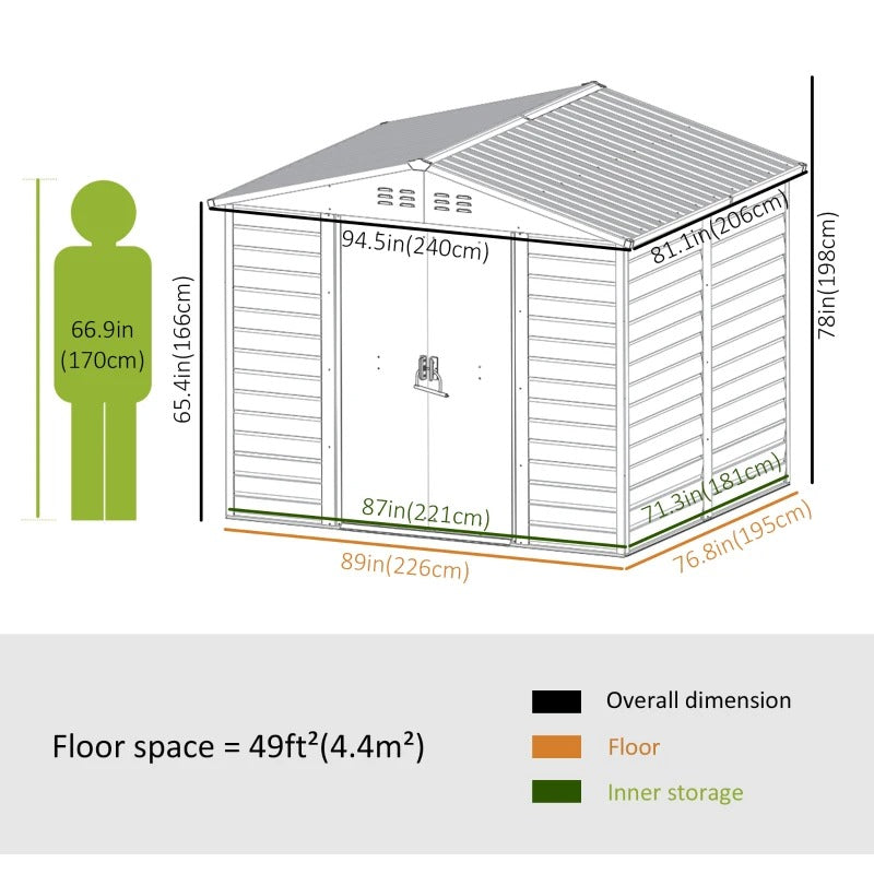 8’ x 7’ x 6.5’ Outdoor Metal Storage Shed Tool Organizer for Patio Yard, Teak Woodgrain Brown