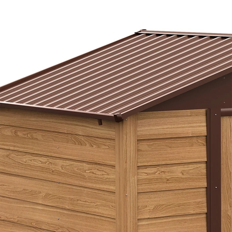 6.4' x 7.7' x 6.8’ Outdoor Metal Storage Shed Tool Organizer for Yard, Teak Woodgrain Lt Brown