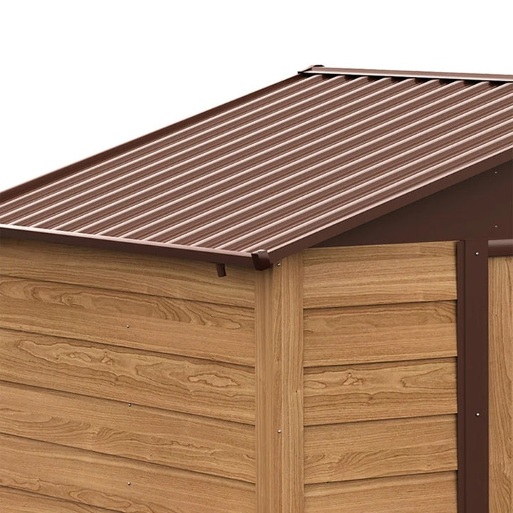 6.4' x 7.7' x 6.8’ Outdoor Metal Storage Shed Tool Organizer for Yard, Teak Woodgrain Lt Brown