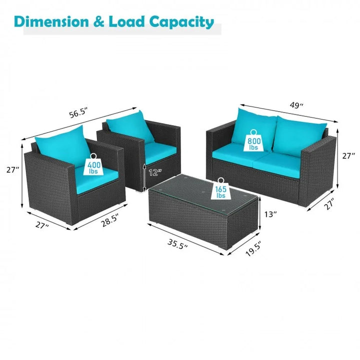 4pc Rattan Wicker Furniture Set w Loveseat Armchairs Cushions Outdoor Patio, Black, Turquoise Blue