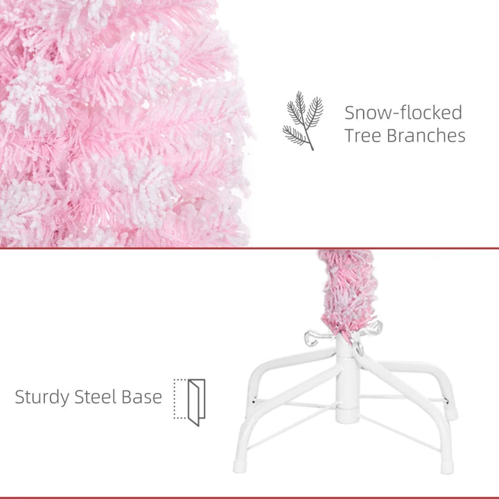 4ft 180-Tip Snow Flocked Slim Pencil Artificial Christmas Holiday Tree w Base Xmas Decor, Pink