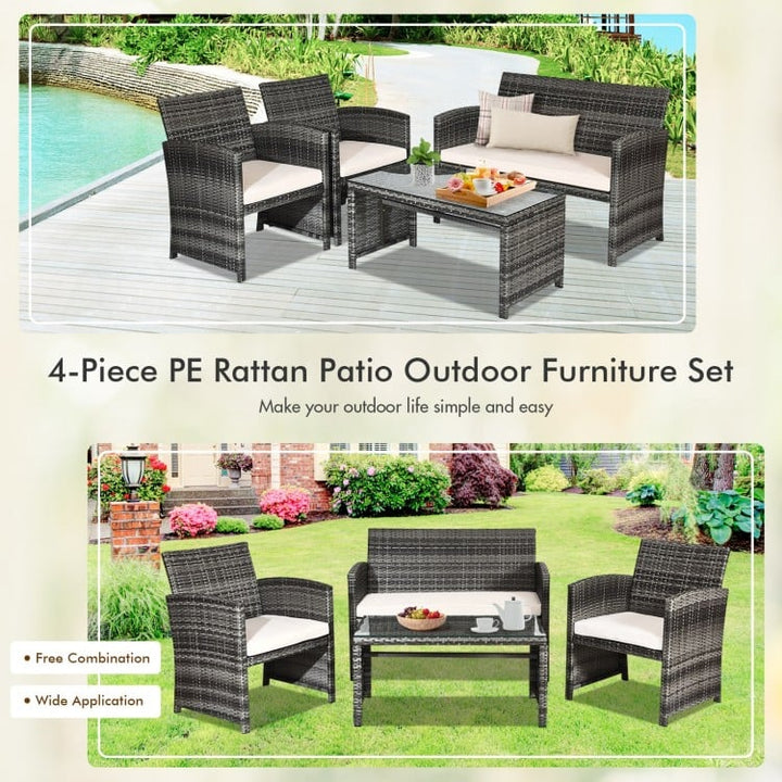 4pc Rattan Wicker Conversation Furniture Loveseat Set w Cushions Outdoor Patio, Grey, Cream White