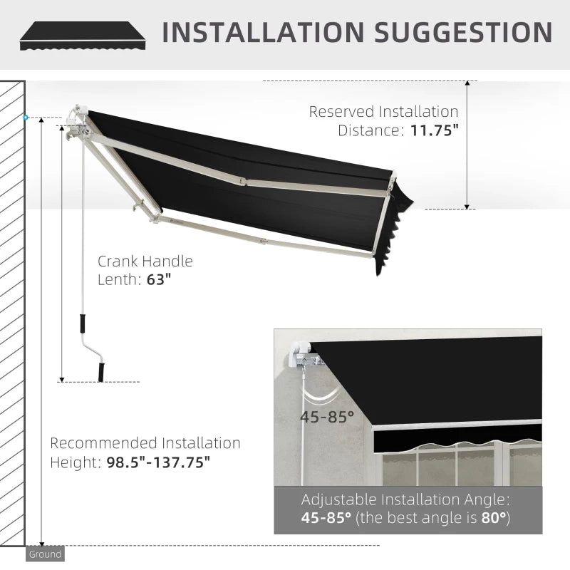 8.2 x 6.6ft Manual Retractable Awning Sun Shade Canopy Aluminum Frame, Patio Deck - Black