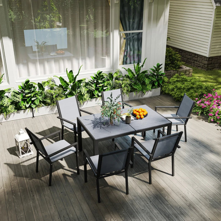 7 Piece Outdoor Dining Set with Rectangular Table and Stackable Chairs - Durable Weather Resistant Patio Furniture