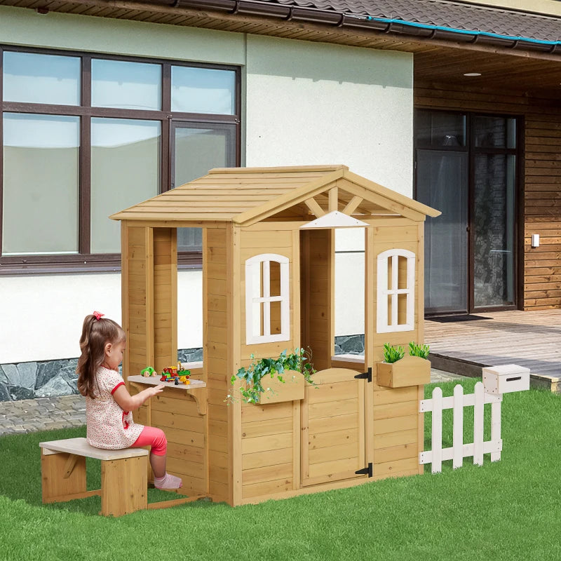 Kids Wooden Outdoor Playhouse w Door, Windows for Backyard Deck Patio Playground, Natural Fir