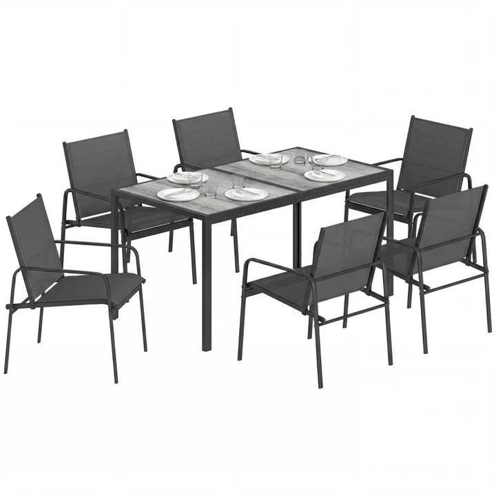 Outdoor Dining Set for 6 with Faux Wood Patio Table and Breathable Mesh Chairs - Durable Weather-Resistant Patio Furniture