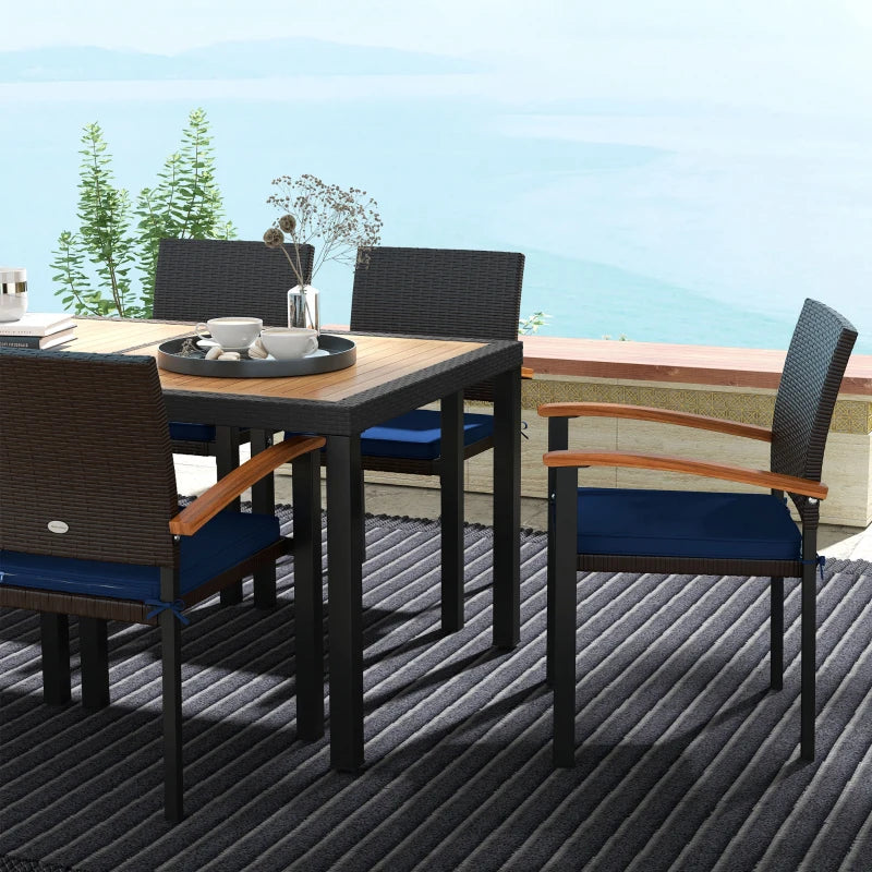 7pc, 6-Seat Patio Dining Set w Acacia Wood Tabletop, Rattan Arm Chairs, Cushions Outdoor, Black