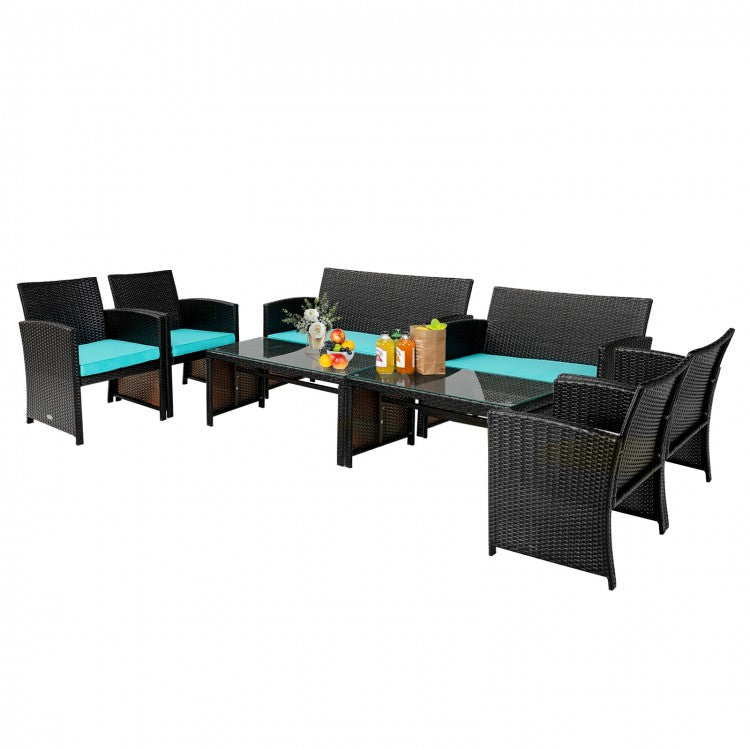 4pc Rattan Wicker Conversation Furniture Loveseat Set, Cushions for Outdoor Patio, Brown, Turquoise