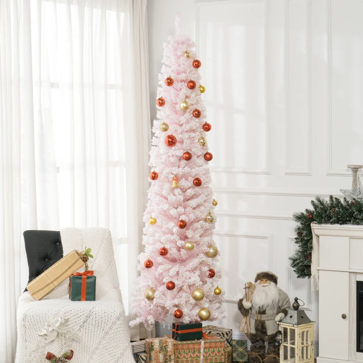 7.5ft 738-Tip Unlit Snow Flocked Slim Artificial Pencil Christmas Holiday Fake Xmas Tree, Pink