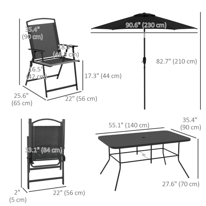 8pc Outdoor Patio Dining Set w 6 Folding Mesh Chairs, Black-Glass Table, Tilt Umbrella, Black