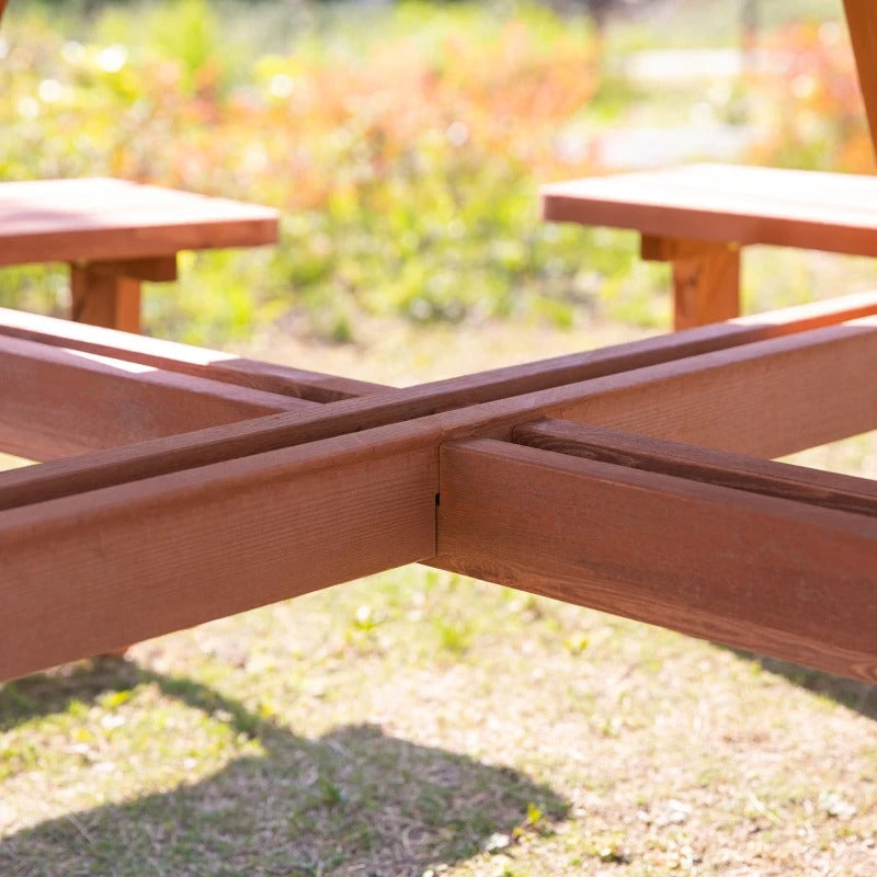 NEW 8-Seat Round Picnic Dining Pub Table w Bench Seats, Outdoor Pool Patio, Solid Stained Fir Wood