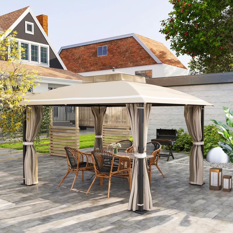 10x12 Outdoor Gazebo Double Roof Patio Canopy with Netting and Curtains - Durable Metal Garden Shelter