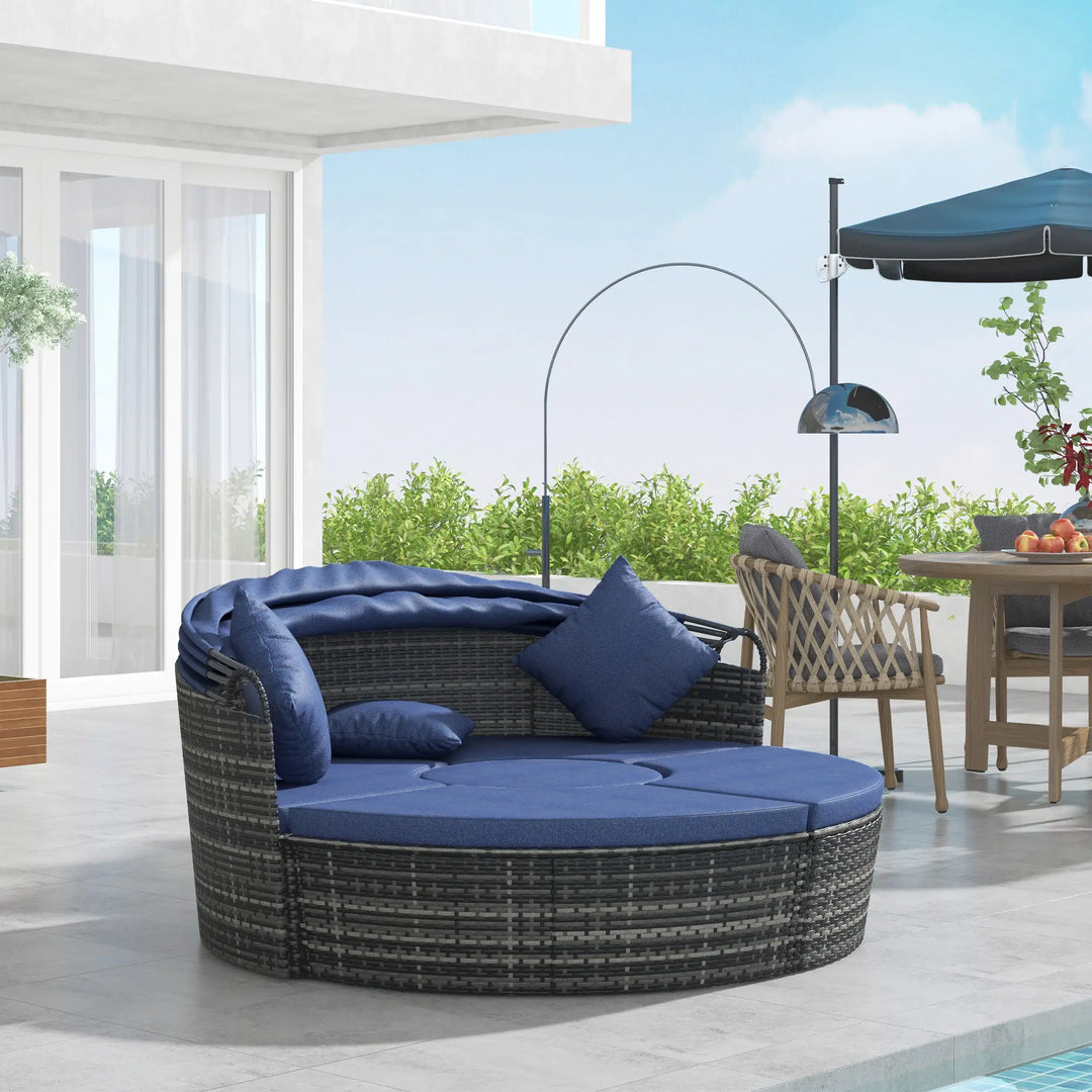 4pc Rattan Wicker Round Canopy Daybed Lounge Outdoor Patio Sofa Set w Cushions, Grey, Dk Navy Blue