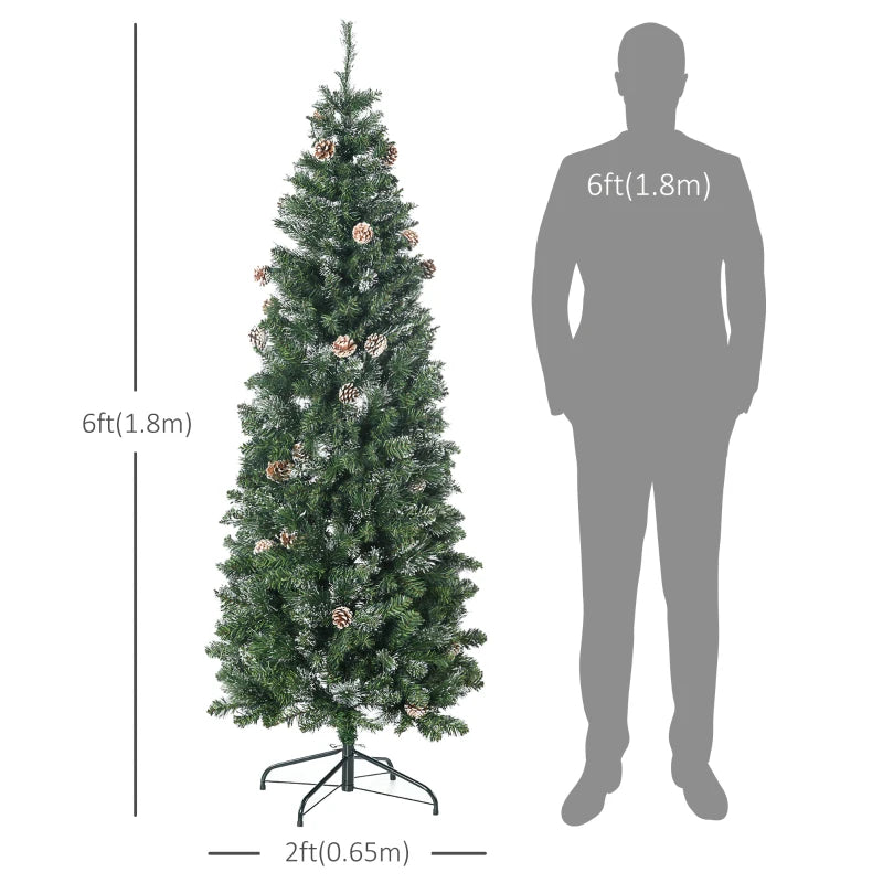 6ft 618-Tip Unlit Slim Artificial Christmas Holiday Tree w Pine Cones, Snowy Tips, Xmas Green