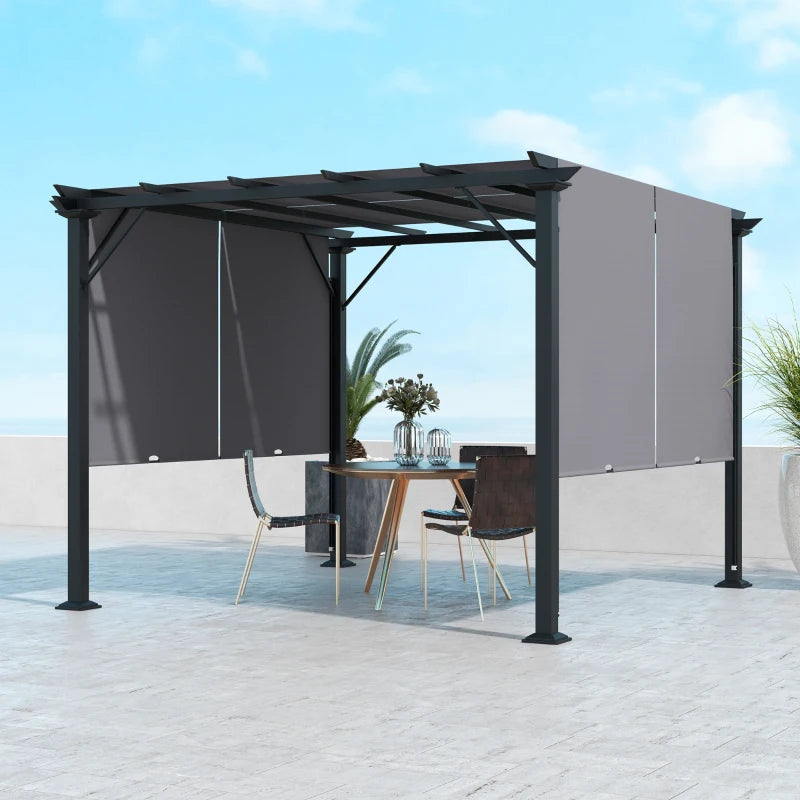 10' x 10' Steel Pergola Gazebo Shelter w Retractable Fabric Roof for Outdoor Deck Patio, Grey