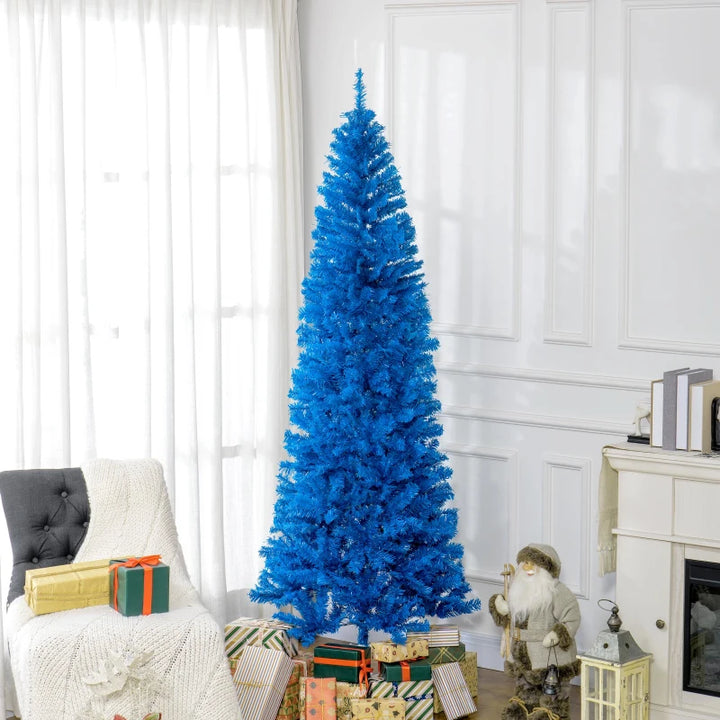 NEW 7ft 818-Tip Unlit Slim Artificial Christmas Holiday Tree w/ Metal Base, Xmas Decor – Bright Blue