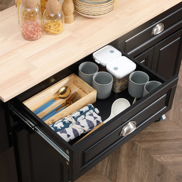 Rolling Kitchen Island Cart w Drop-leaf Dining Countertop Bar, Storage Cabinet, Wood Top, Black