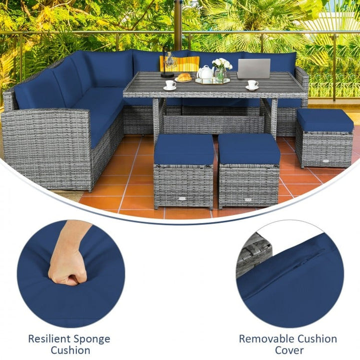 7pc L-Shape Rattan Wicker Dining Set Outdoor Patio Sectional w Table Cushions Ottomans, Navy Blue