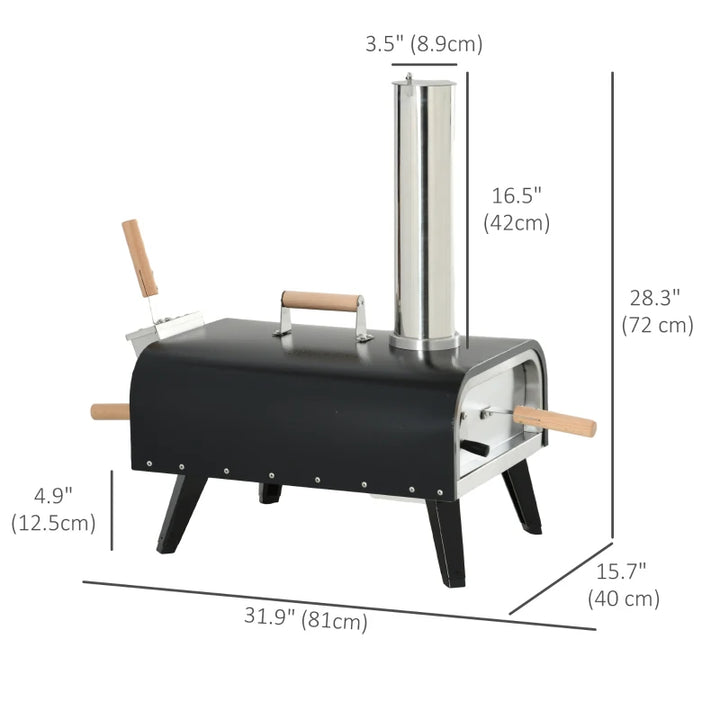 32” Portable Stainless Steel Wood Fire Pellet Pizza Oven w/ Chimney, Stone, Peel, Cover - Black