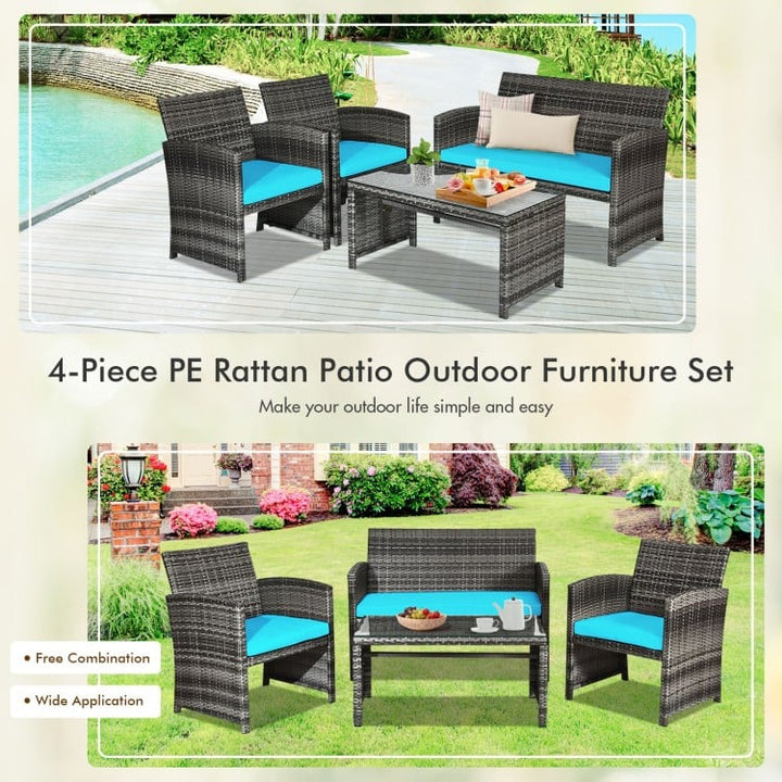 4pc Rattan Wicker Conversation Furniture Loveseat Set w Cushions for Outdoor Patio, Grey, Turquoise