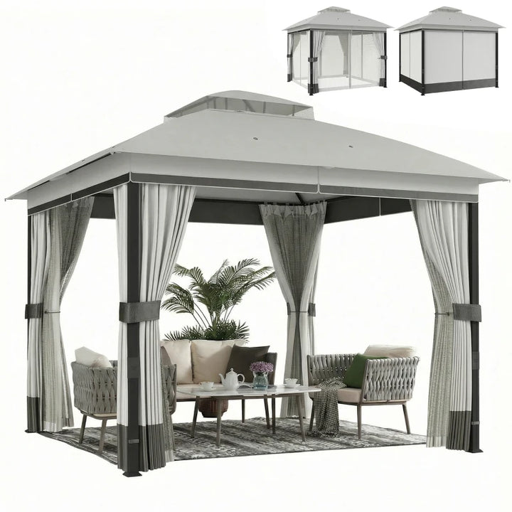 10' x 10' Patio Gazebo Double Roof Canopy with Curtains - Durable Steel Frame Outdoor Shelter