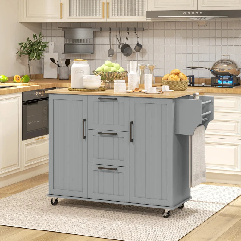 Rolling Kitchen Island Cart w Drop-leaf Dining Countertop Bar, Storage Drawers, Wood Top, Grey