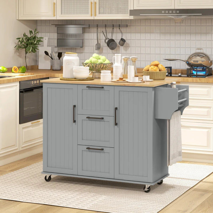 Rolling Kitchen Island Cart w Drop-leaf Dining Countertop Bar, Storage Drawers, Wood Top, Grey