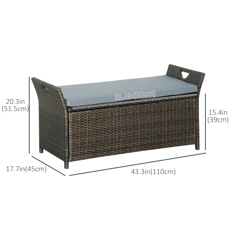 41" Rattan Wicker Storage Deck Box Bench w Seat Cushion for Indoor Outdoor Patio, Brown, Grey