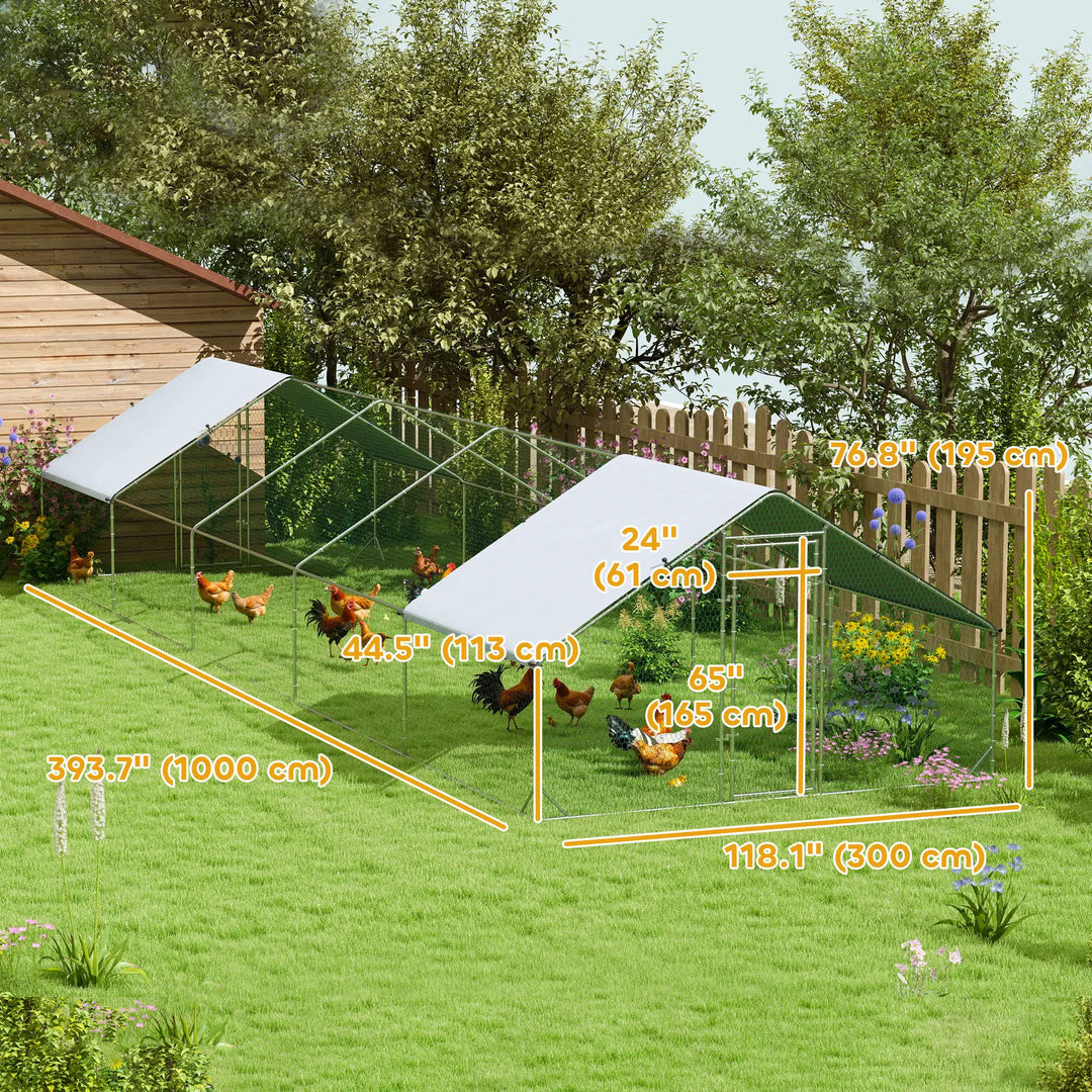 9.8' x 32.8' x 6.4' Galvanized Walk-in Chicken Run Coop Cage Poultry Fenced Shelter Outdoor Yard