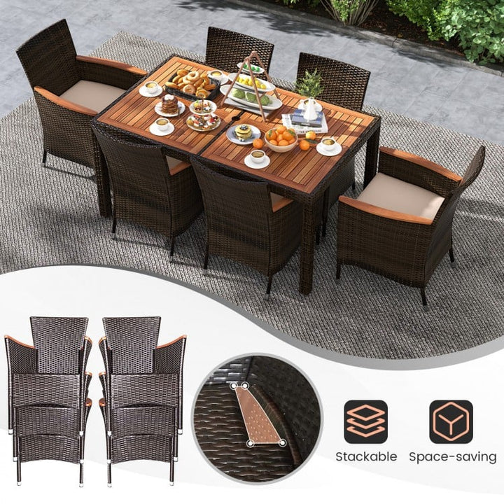 7pc PE Rattan Wicker Dining Set w 6 Armchairs, Acacia Wood Top, Umbrella Hole, Outdoor Patio, Brown