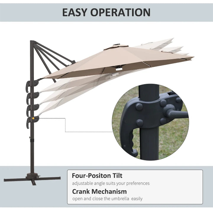 10ft Offset LED Tilt Umbrella Cantilever Canopy Outdoor Patio, Solar Light, Cross Base, Beige