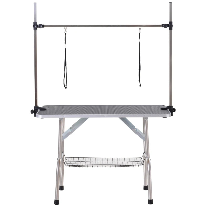 42" x 24" x 67" Portable Folding Dog Grooming Table w 2 Arms, Adjustable, Rubber Top, Black