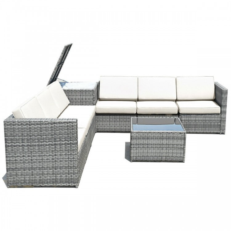 8pc L-Shape Rattan Wicker Sectional w Storage, Cover, Outdoor Patio Furniture, Grey, White