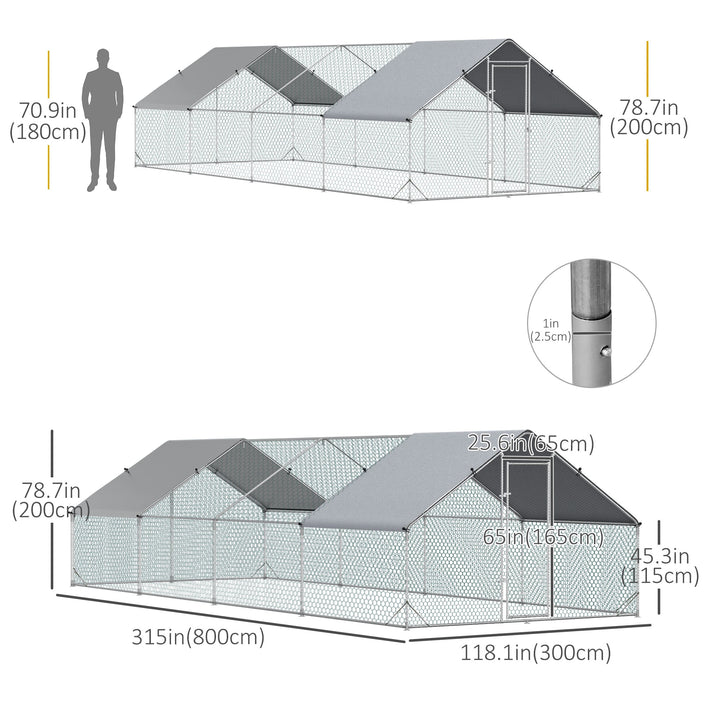 26.2' x 9.8' x 6.6' Large Galv Steel Chicken Run Outdoor Coop Cage Shelter for Pet Fence Backyard