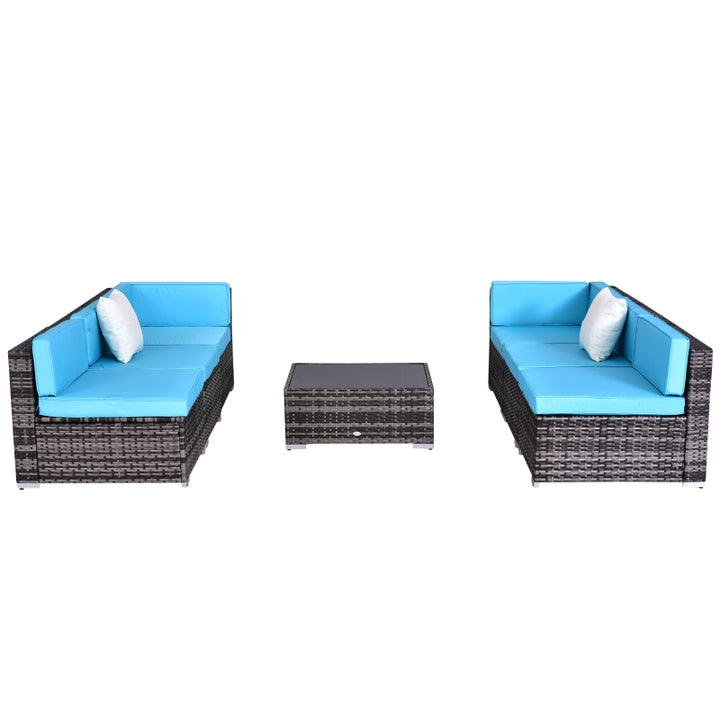 7pc PE Rattan Wicker Sectional Conversation Furniture Set w/ Cushions Deck Patio, Lt Blue, Grey