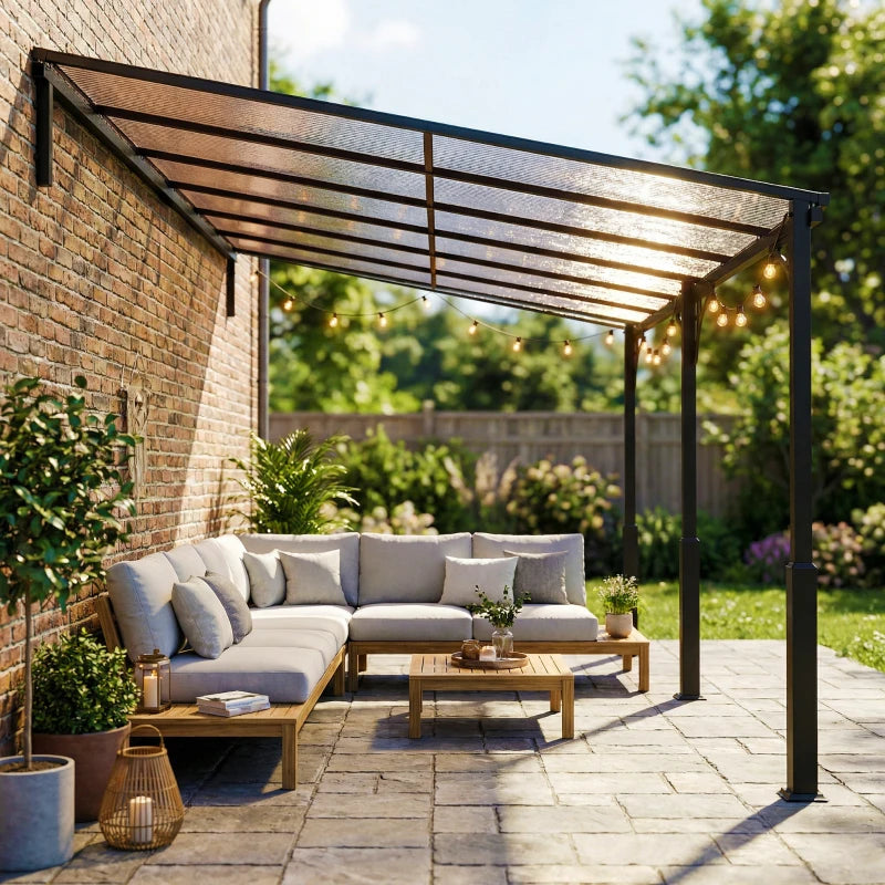 13' x 10' Lean-to Hardtop Wall-Mounted Outdoor Pergola - Durable Polycarbonate Roof & Metal Frame