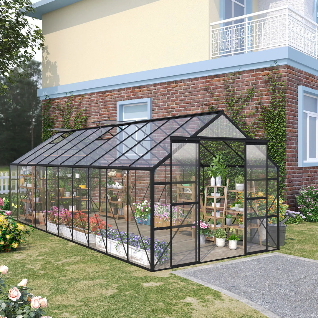 20' x 8' x 7' Walk-in Aluminum Polycarbonate Greenhouse Outdoor Garden Flower Vegetable Plant Black