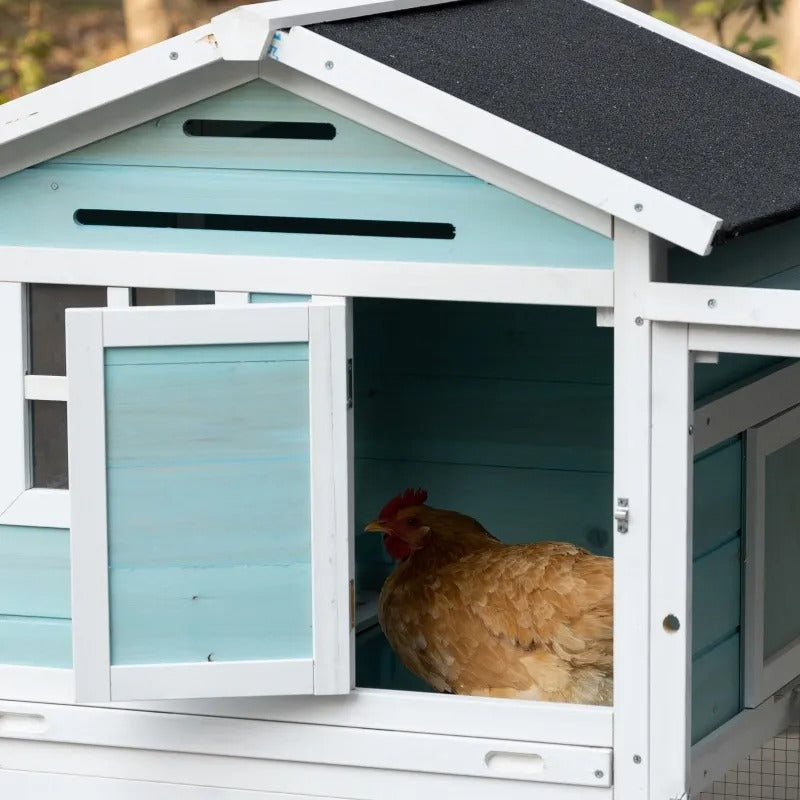 76" Wooden Outdoor Chicken Coop Hen House w Removable Tray, Nesting Box, Lockable Door, Lt Blue