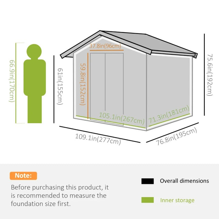 9’ x 6’ x 6’ Outdoor Metal Storage Shed Organizer w/ Foundation for Patio Backyard, Light Green